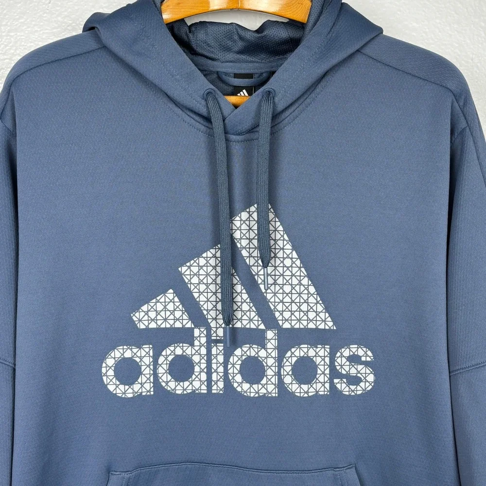 Adidas ClimaWarm Hoodie Mens M Blue Graphic Logo Pullover‎ Sweatshirt Oversized
